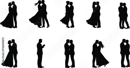 Couple silhouettes, romantic poses, love illustration, kissing couple artwork, dancing silhouettes, intimate design, relationship artwork, romantic embrace, wedding couple, silhouette art