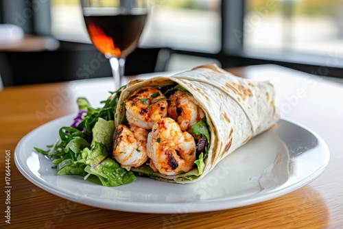 Spicy seafood wrap delight cozy restaurant food photography warm light elevated viewpoint culinary experience