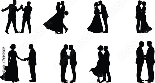 Couple silhouettes, wedding poses, romantic illustration, bride and groom artwork, love silhouettes, dancing couple, intimate design, marriage artwork, romantic embrace, silhouette art