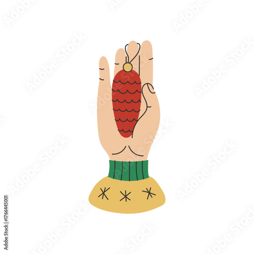 Hand in Knitted Sweater Sleeve Holding Pine Cone Christmas Ornament. Human open palm showing Winter Holiday Decoration. Cozy Festive wrist gesture with Fir tree Toy. Flat Vector illustration