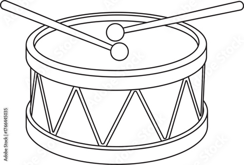 Simple line drawing of a snare drum with drumsticks ready to play