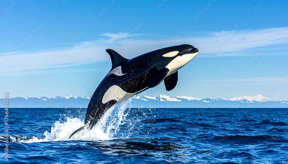 Fototapeta premium Orca leaps high above ocean waves, snow-capped mountains visible on horizon under clear blue sky with wispy clouds