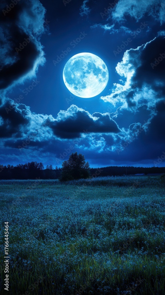 Glowing moon shining through clouds over a night landscape