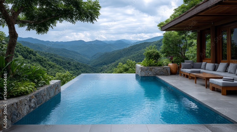 Obraz premium A large pool with a view of mountains