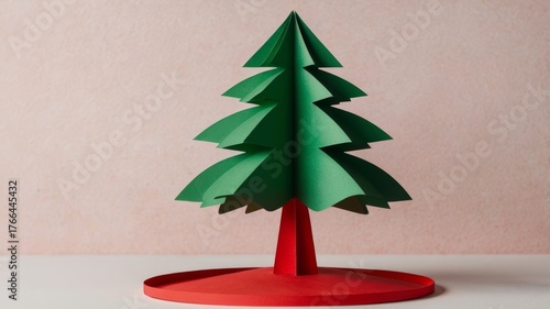 A decorative paper Christmas tree displayed on a vibrant red stand.
