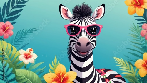 Cartoon zebra wearing sunglasses and a flower print dress, striking a fun and stylish pose against a colorful background.