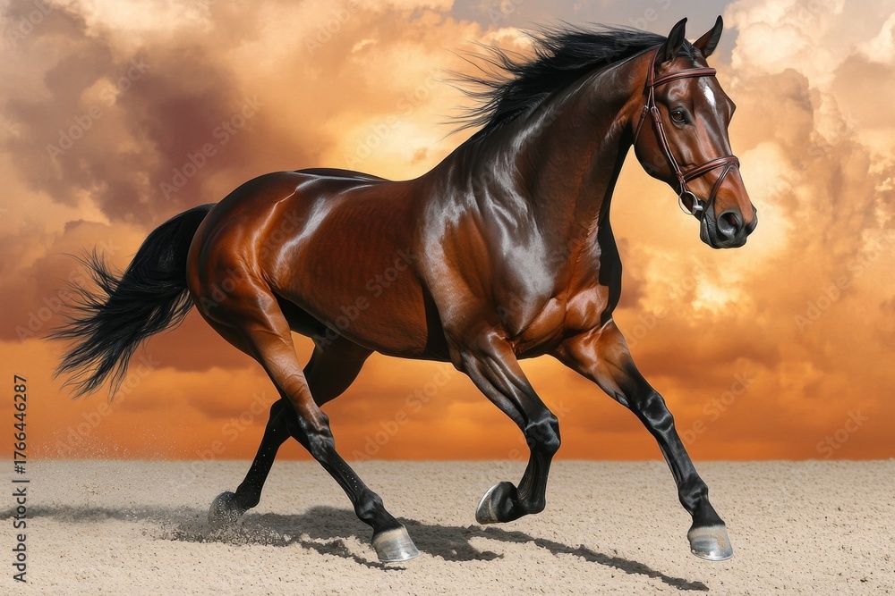 Obraz premium Magnificent Thoroughbred Horse with Fluffy Mane Galloping Gracefully in Sunset on Sandy Terrain