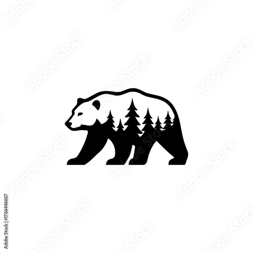 simple negative space logo of bear walking and pine trees