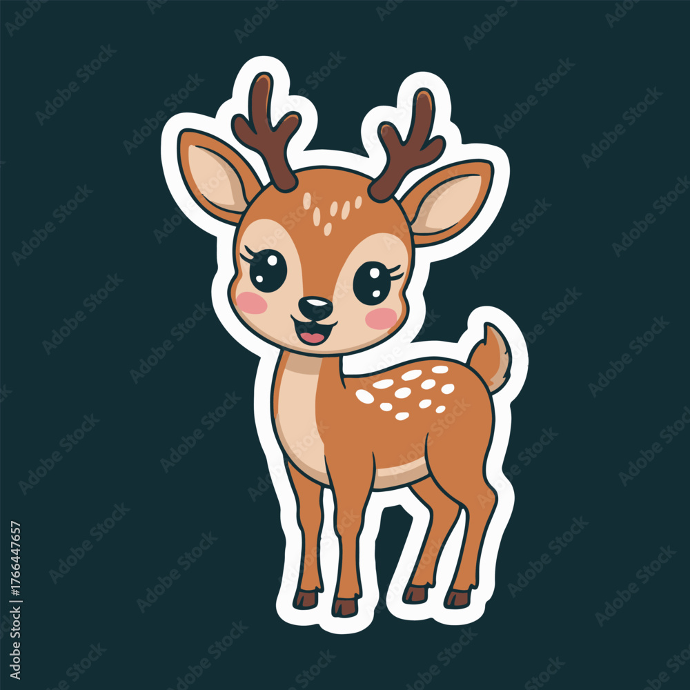 Obraz premium A cartoon deer with brown fur and white spots standing on a dark background with a white outline