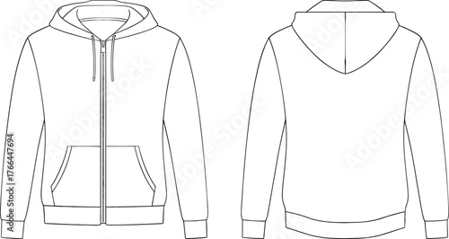 Front and back view of blank hoodie mockup, unisex zip up sweatshirt template, casual fashion clothing design, vector illustration outline