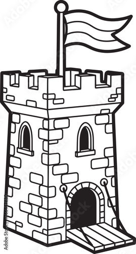 Simple hand drawn illustration of a stone castle tower with a flag and drawbridge