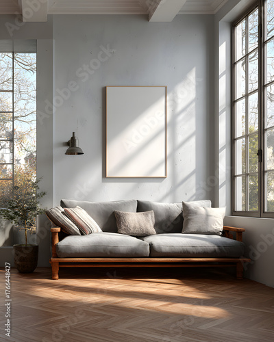 Blank frame hanging on white wall over wooden sofa on parquet floor in sunlit room of modern house.