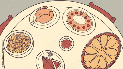 Cartoon Style Dinner Table with Pizza Pasta Chicken and Lemon Slices
