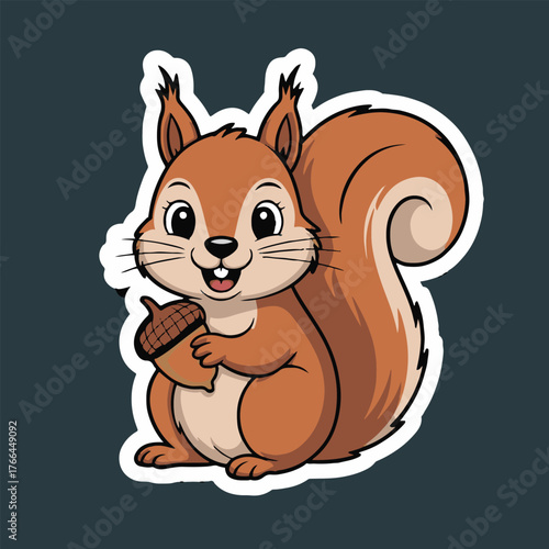 A cartoon squirrel sticker holding an acorn with a fluffy tail on a dark gray background design