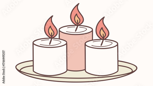Three Candles Burning on Circular Plate in Soft Pastel Colors for Memorial or Celebration