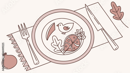 Minimalist Illustration of Bird on Plate with Leaf and Meat for Food and Dining Themes