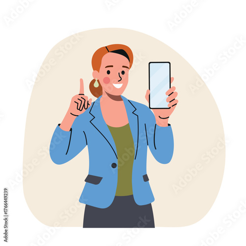 Young business woman holds smartphone and and raised her index finger up. Vector flat style cartoon  illustration.