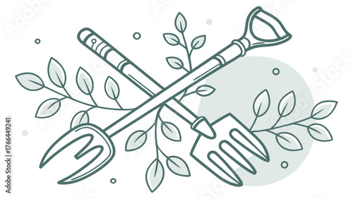 Gardening Tools with Leaves Illustration in Line Art Style