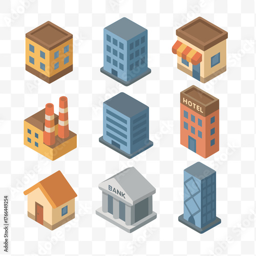 Isometric building icon set. Building typology icons. Solid, filled icon set of building typology models: residential unit, office tower, school campus. Vector	
