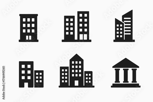 Building typology icons. Solid, filled icon set of building typology models: residential unit, office tower, school campus. Vector	
