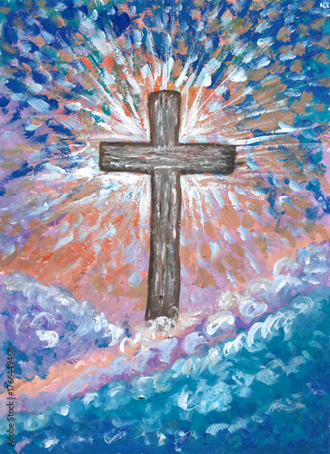 Acrylic painting cross on abstract colorful background, brown crucifix. illustration for abstract cross or crucifix and rood concept. Hand painted impressionism texture style on paper. vertical