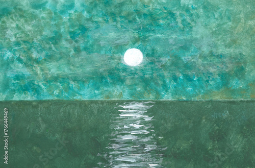 Acrylic painting nature background of full moon, sky, waves and river on dark green background. Nature at night concept. Copy space for the text. Hand painted texture style. Impressionism art.