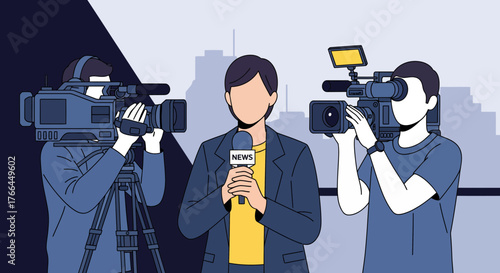 News reporting team with journalist and cameramen, media broadcasting crew illustration with city background