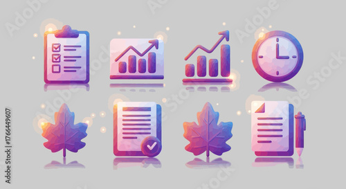 Watercolor style icons representing business tasks time management and autumn season