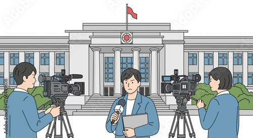 Journalists and camera crew reporting outside official government building. Press conference, news media coverage illustration.