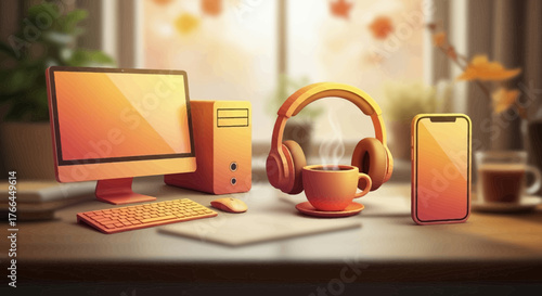 Orange workstation featuring computer headphones smartphone and coffee for creative work