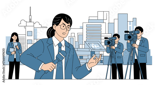 Intense Female Reporter Delivering News Report with Microphone, Camera Crew in City