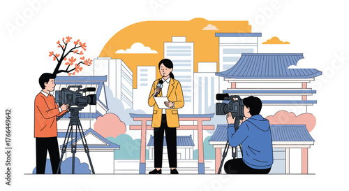 Live News Report in Japanese Cityscape. Journalists and Cameramen Filming Broadcast Amidst Modern Buildings and Traditional Architecture.
