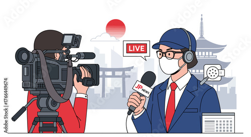 Live News Broadcast from Asia: Reporter with Mask and Cameraperson Covering Current Events