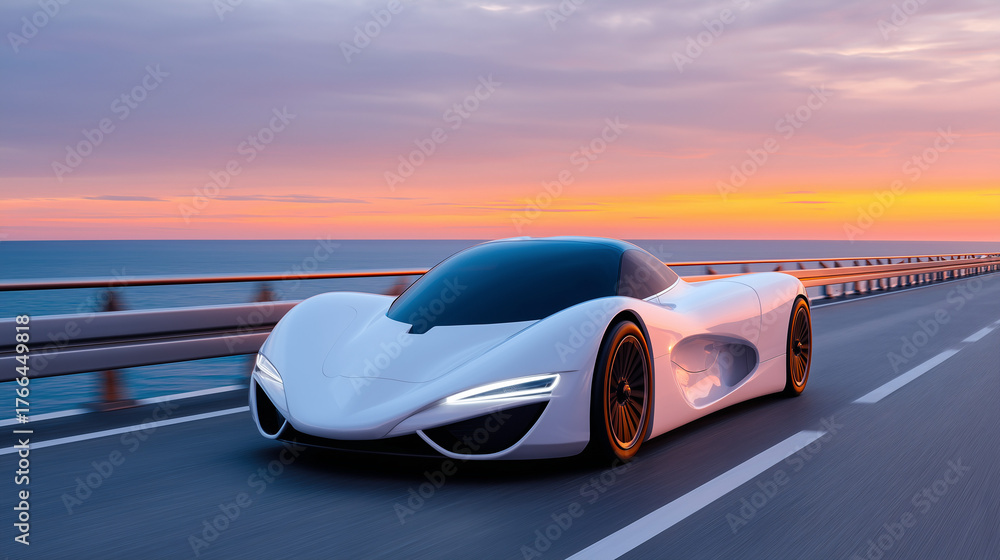 Naklejka premium Futuristic electric car on coastal highway at sunrise, photorealistic