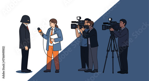 Journalist interviews anonymous figure with camera crew. News, media, hidden identity, and information concept.