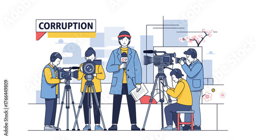 Media Reporting on Corruption: News Crew with Cameras and Microphone Investigating Social Issues