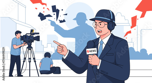 Aggressive Journalist Reporting Live News with Camera Crew Amidst Social Conflict and Protest Illustration