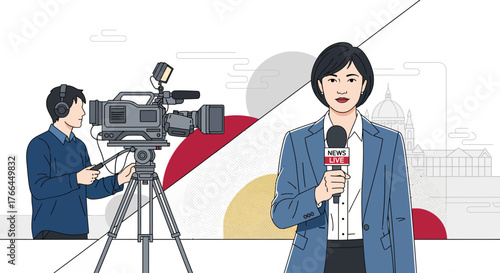 Live News Report: Female Journalist with Microphone and Cameraman with Video Camera. Professional Broadcast Team in Action.