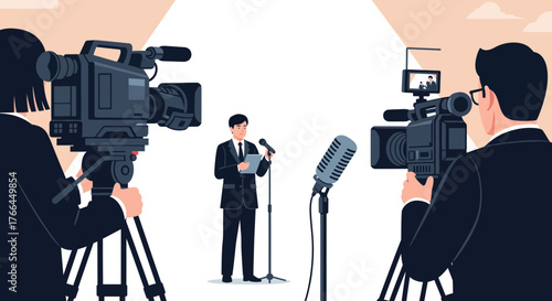 Speaker at press conference under spotlight, filmed by media cameras. Public relations, news event, or interview concept.