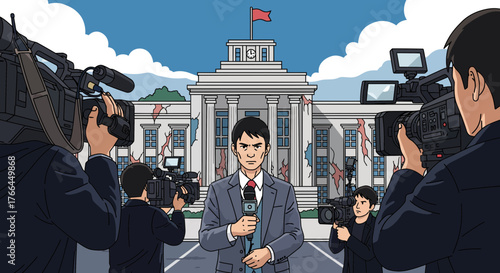 Journalist Reporting Live Outside Government Building with Camera Crew