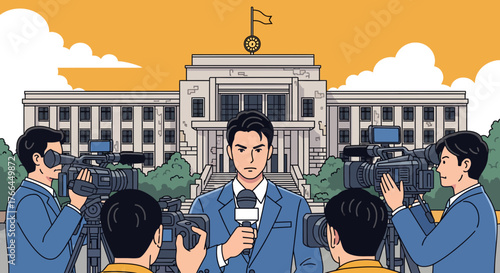 Journalist reporting live in front of government building with camera crew. Press conference, news media, political reporting.
