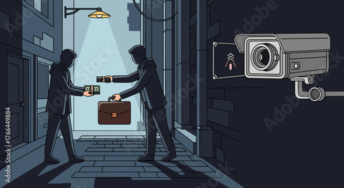 Covert transaction in a dark alley under surveillance. Two figures exchanging items, watched by a CCTV camera. Crime and security concept.