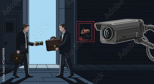 Illegal Money Exchange Under Surveillance. Businessmen in suits making a shady deal, monitored by a security camera. Bribery & corruption.