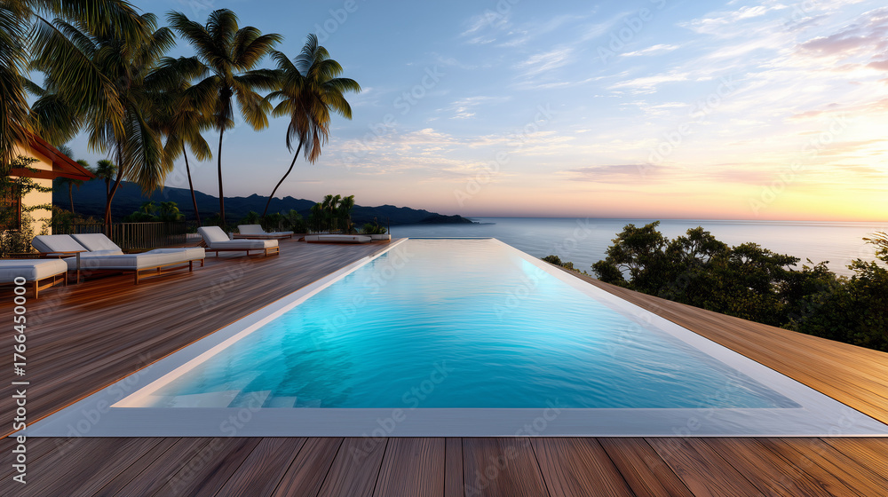 Fototapeta premium Luxurious tropical infinity pool at sunset, photorealistic