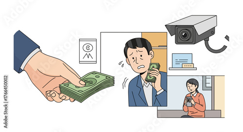Financial Crime & Surveillance Concept. Illustration of money exchange, anxiety, and CCTV monitoring for fraud or illicit transactions.