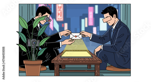 Covert Envelope Exchange with Hidden Surveillance and Blindfolded Participant in a Night City Setting