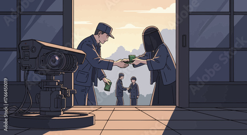 Illegal money exchange and bribery under CCTV surveillance, depicting illicit transactions and corruption.