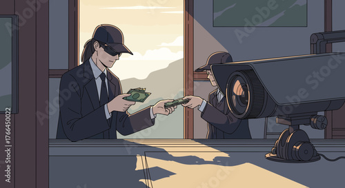Money transaction under surveillance. Two individuals in suits exchange cash, observed by a prominent security camera.