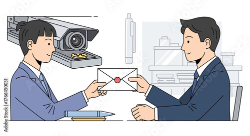 Business people exchanging confidential document under CCTV surveillance. Corporate privacy and information security monitoring.