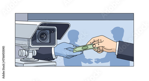 Security camera watching a money transaction. Surveillance, financial oversight, and business security concept.